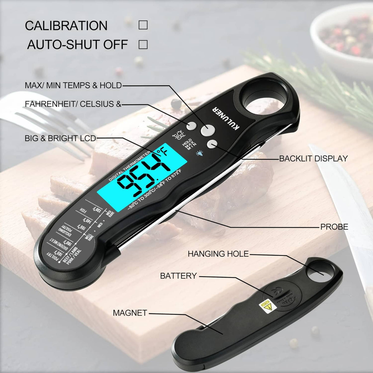 Digital thermometer detail view showing buttons, LCD screen, magnet and hanging hole.
