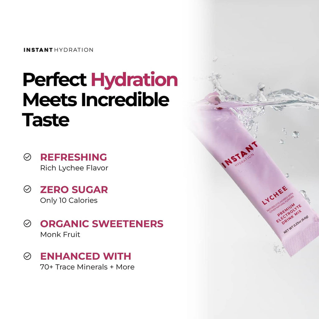 Lychee electrolyte drink mix stick pack with splash and dissolving graphics