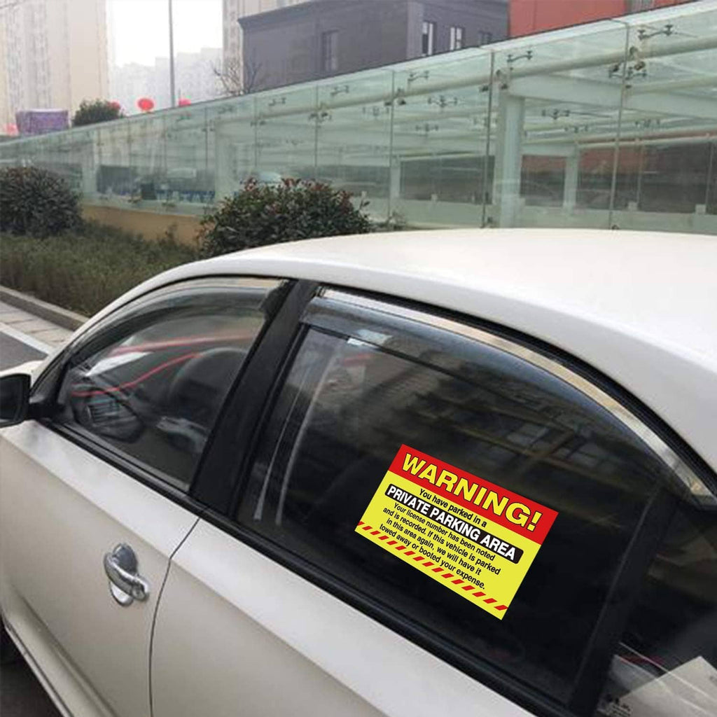 Private parking area warning sticker on car window glass, bold WARNING banner