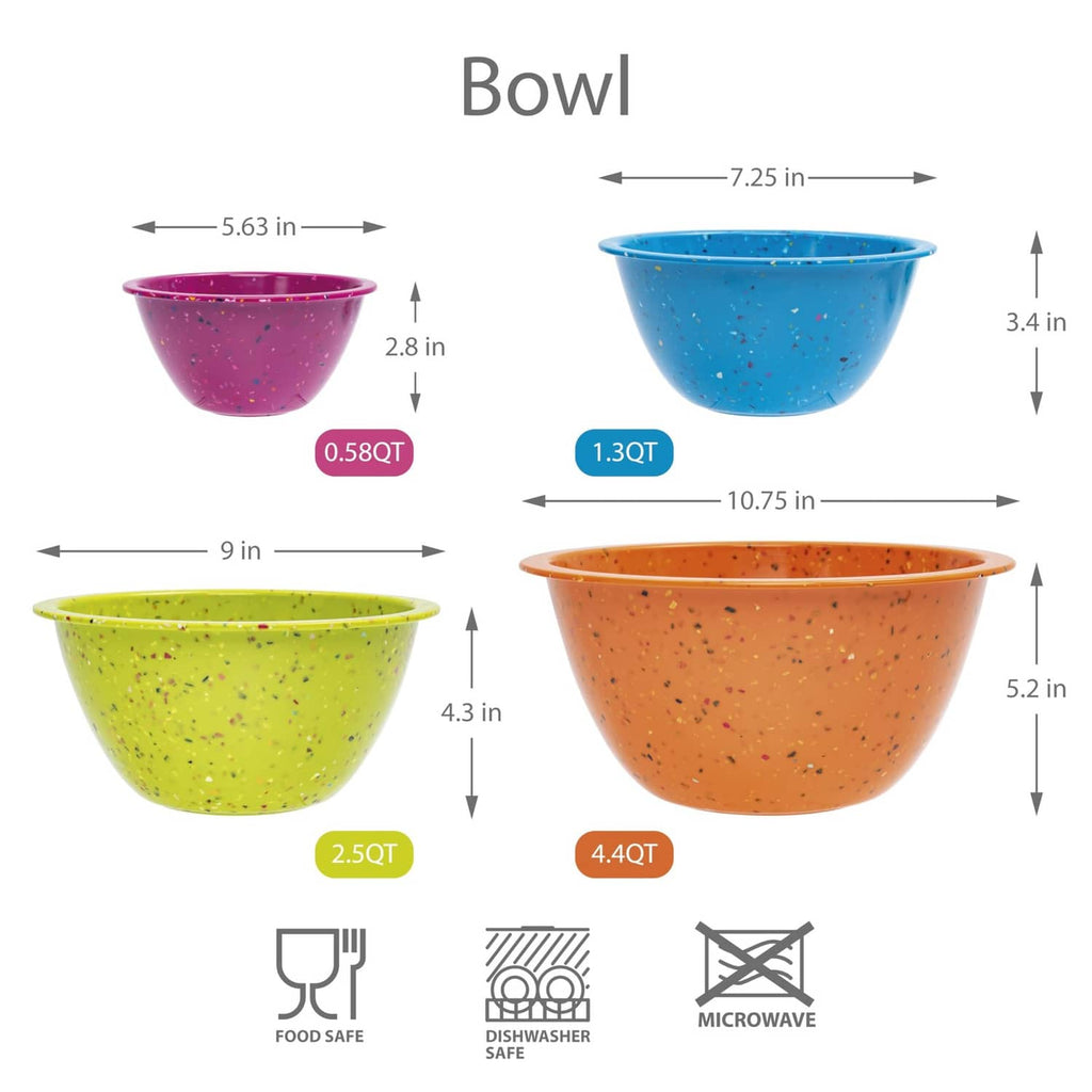 Four-size nesting bowl set with stackable bowls in pink, blue, green, and orange
