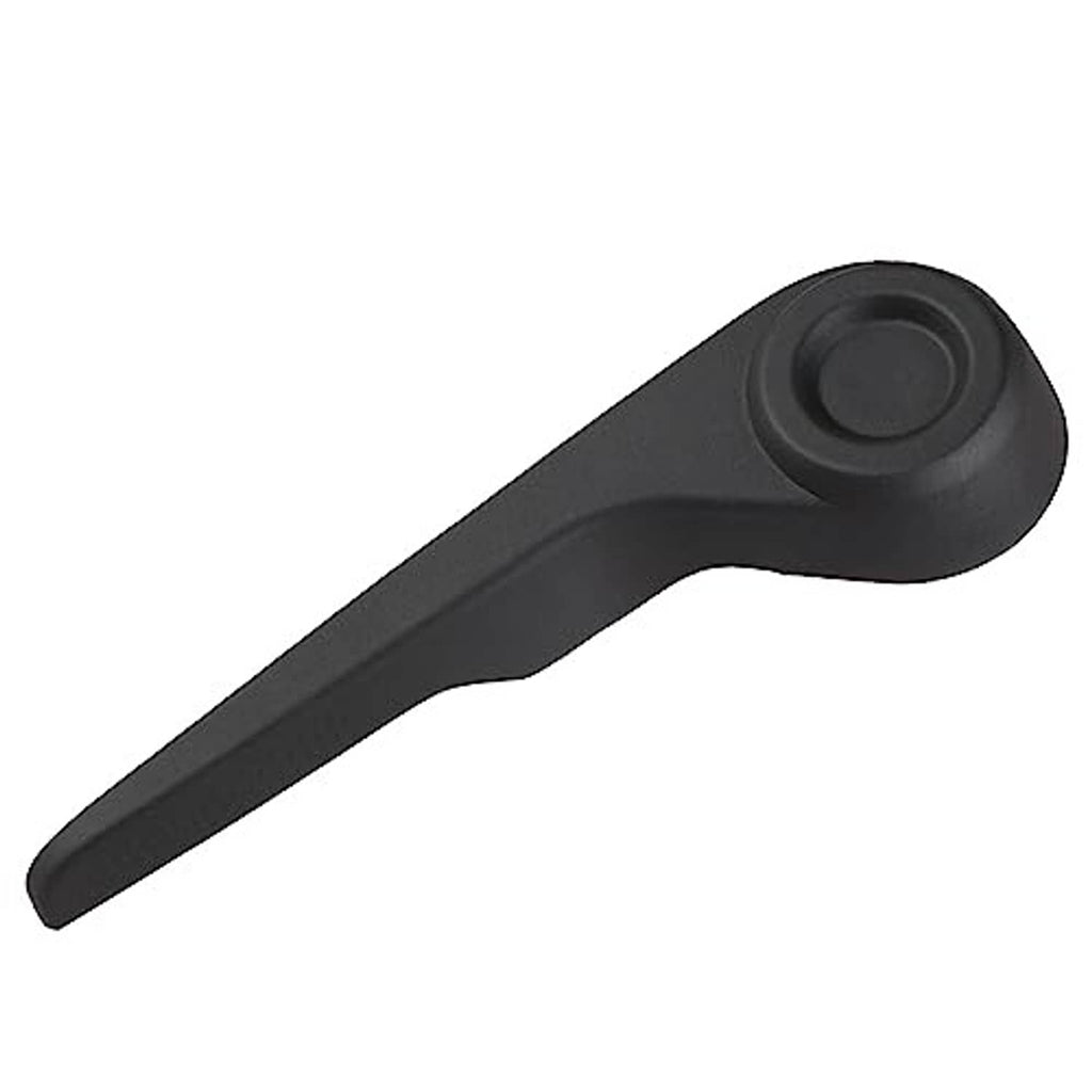 Seat recliner handle lever, dark gray, angled close-up of circular end