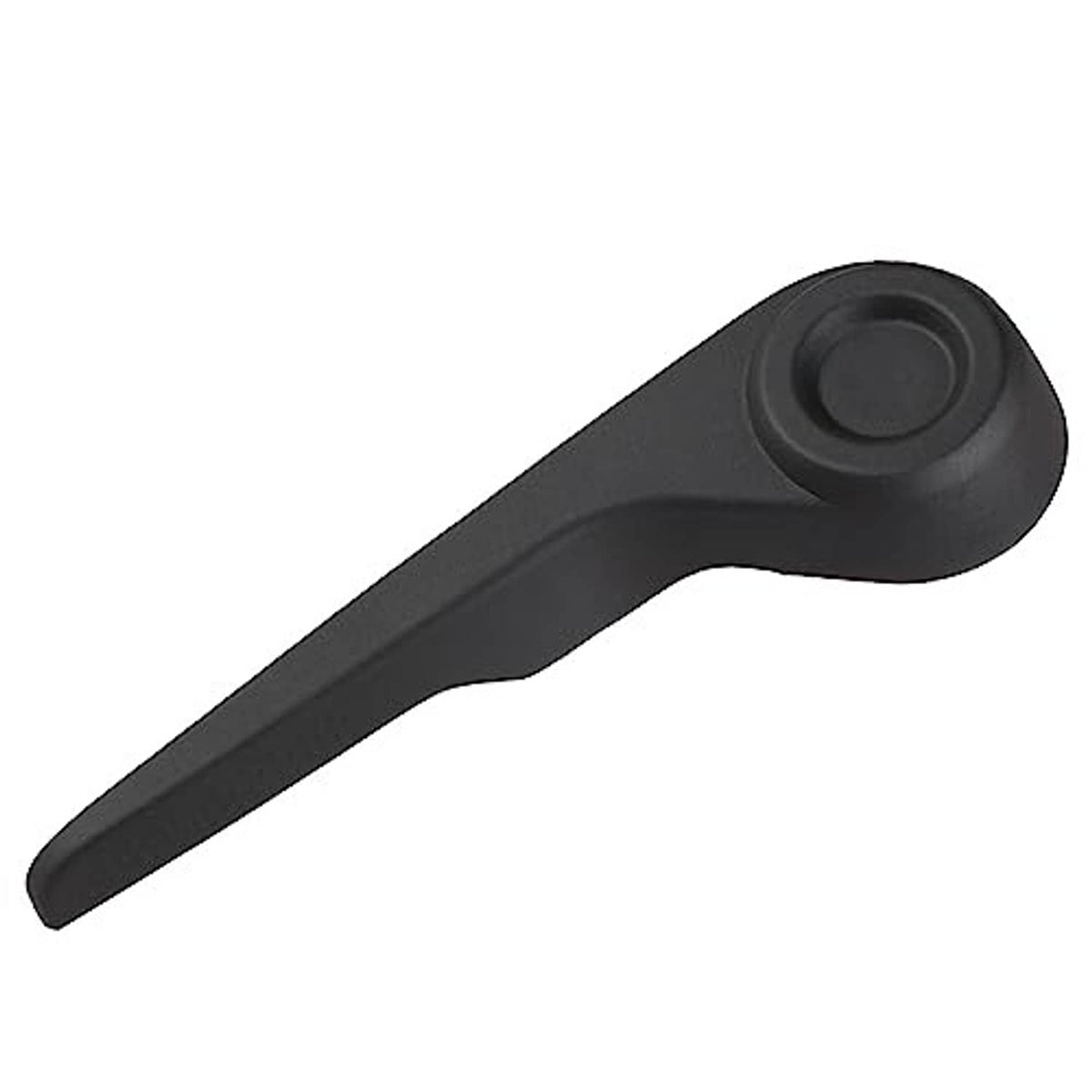 Seat recliner handle lever, dark gray, angled close-up of circular end