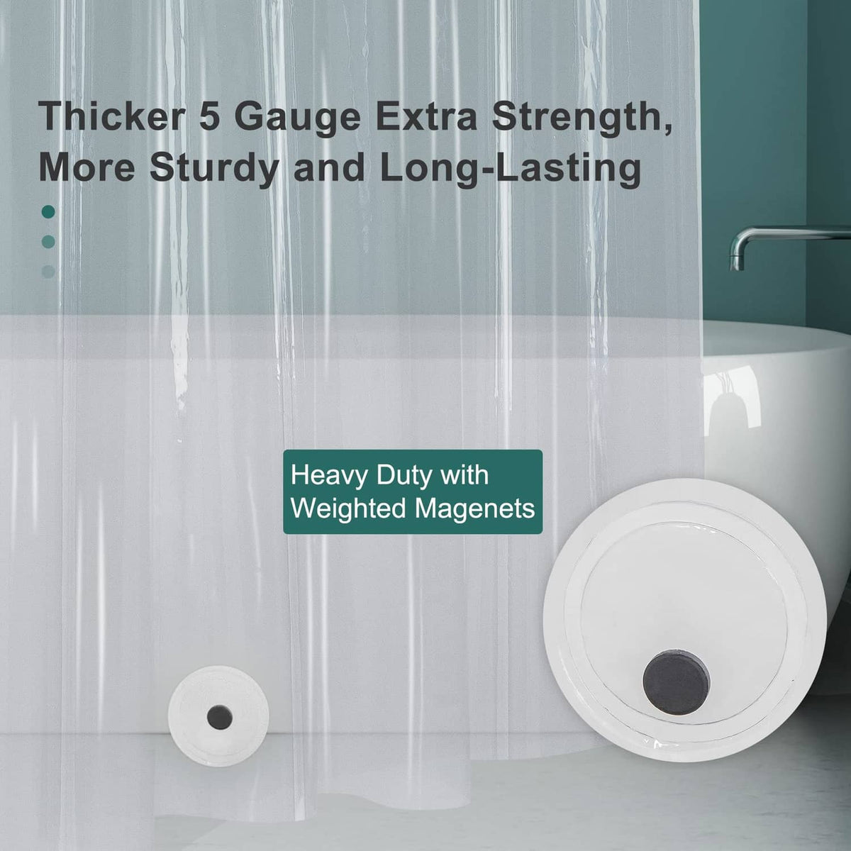 Clear shower curtain liner with weighted magnets at bottom edge