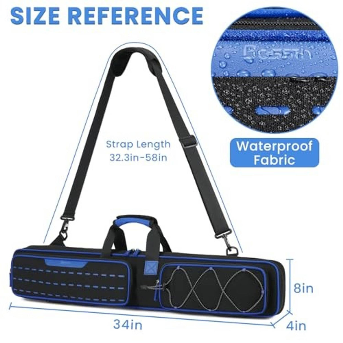 Blue-trimmed pool cue bag with water-resistant outer fabric and adjustable shoulder strap