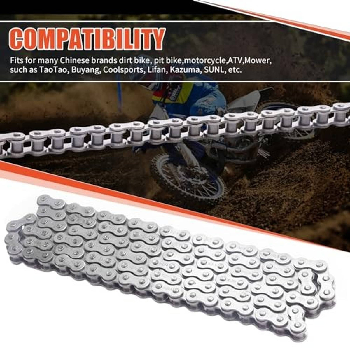 Long silver roller drive chain with link detail for bike and motor applications
