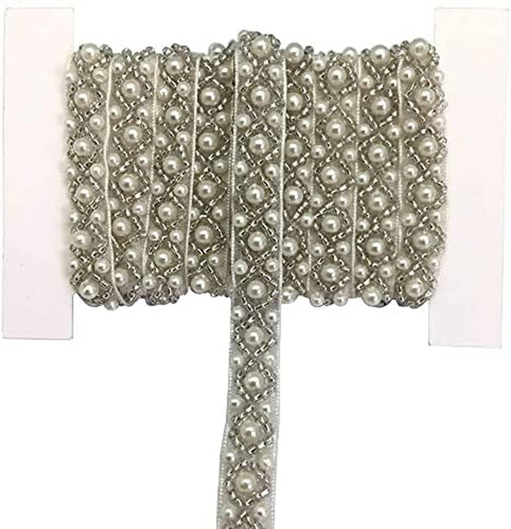 Silver-toned pearl bead trim ribbon with small bead rows and a dangling strand