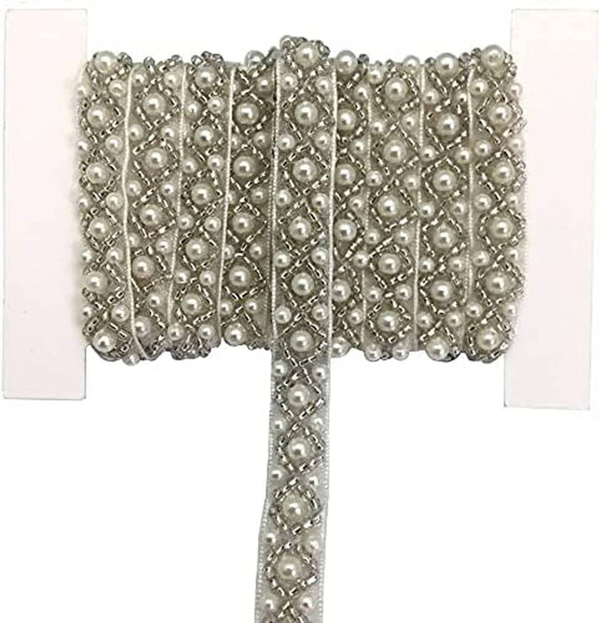 Silver-toned pearl bead trim ribbon with small bead rows and a dangling strand