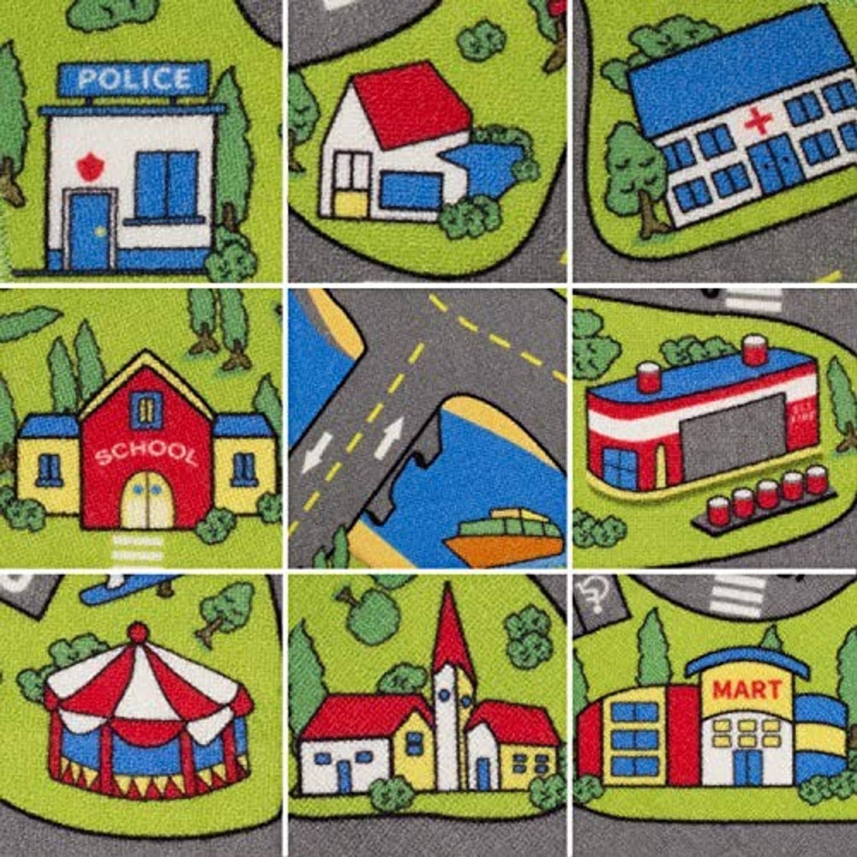Kids city playmat rug collage detail with police, school, circus, and town storefront images
