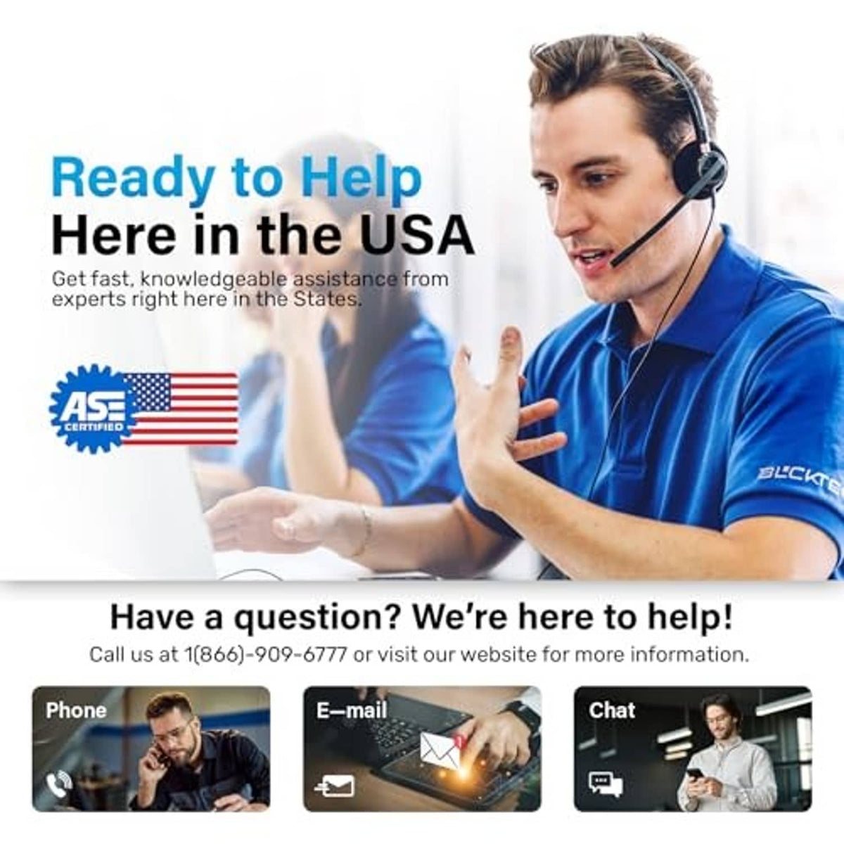 OBD2 scanner support graphic with a technician on headset and help options