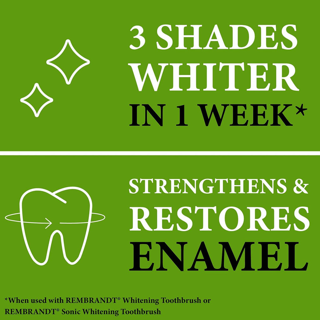 Green box panel reading “3 Shades Whiter in 1 Week” and enamel strength benefits