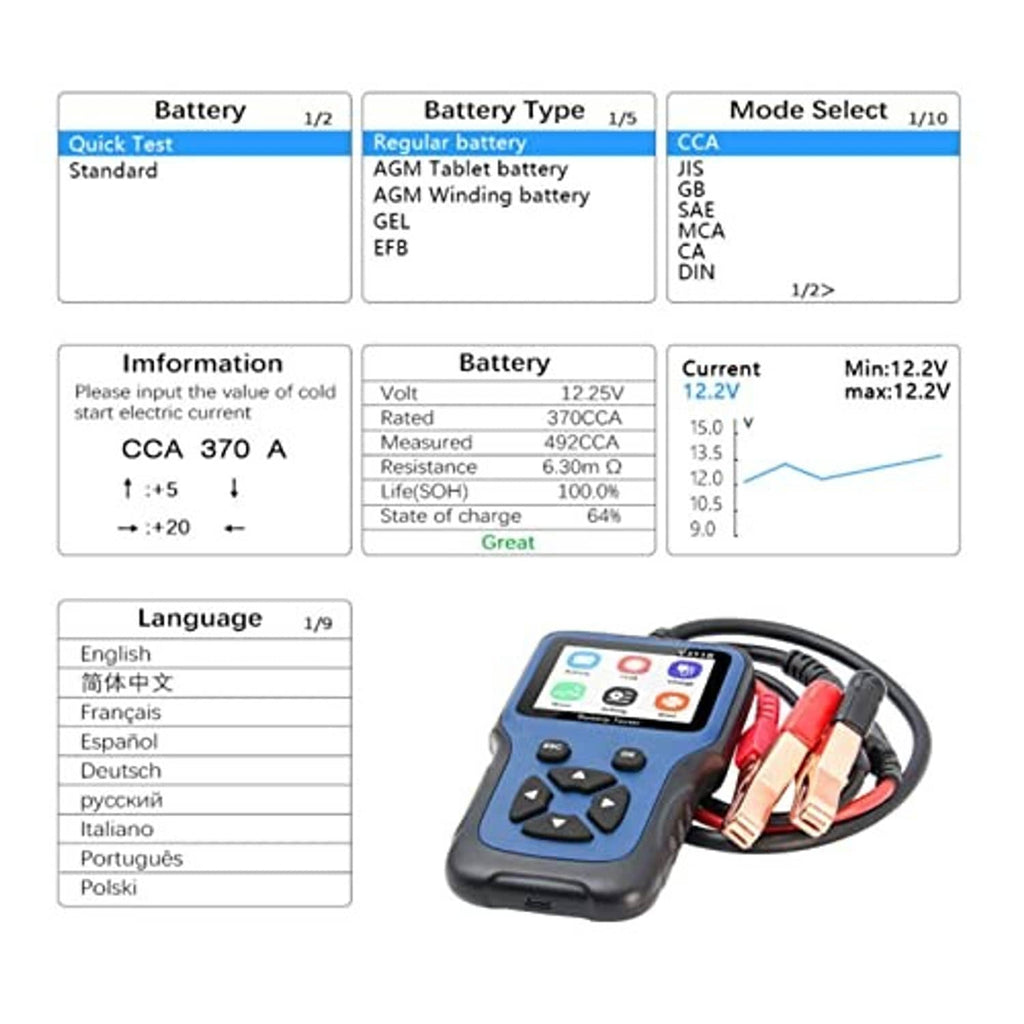 Battery tester with display showing battery type and mode select, plus clamp cables