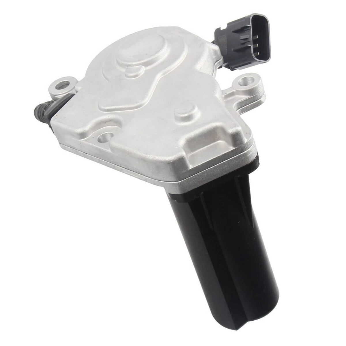 Transfer case shift actuator motor with silver cover and black electrical connector