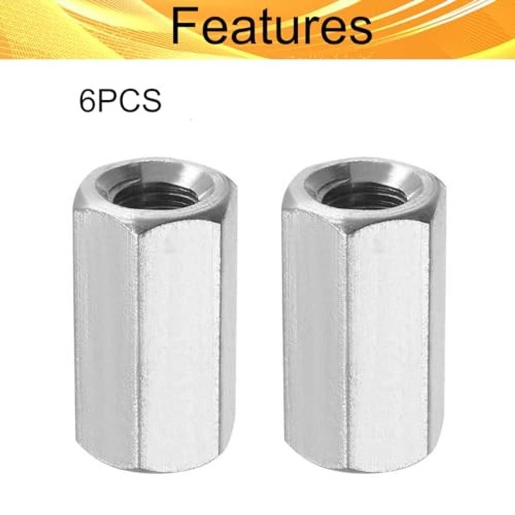 Set of stainless steel hex coupling nuts, silver cylindrical sleeves with internal threads