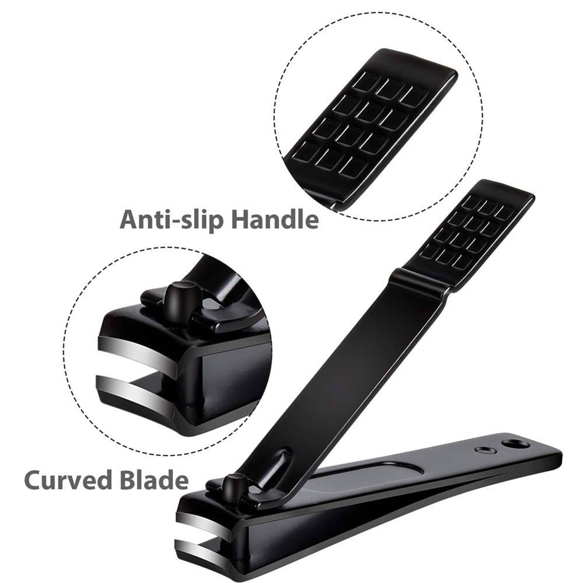 Black nail clipper with anti-slip textured handle and curved cutting blade