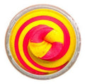 Pink and yellow swirl trout dough fishing bait in clear round container