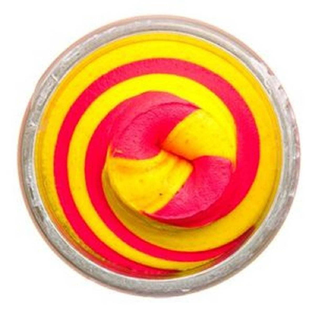 Pink and yellow swirl trout dough fishing bait in clear round container