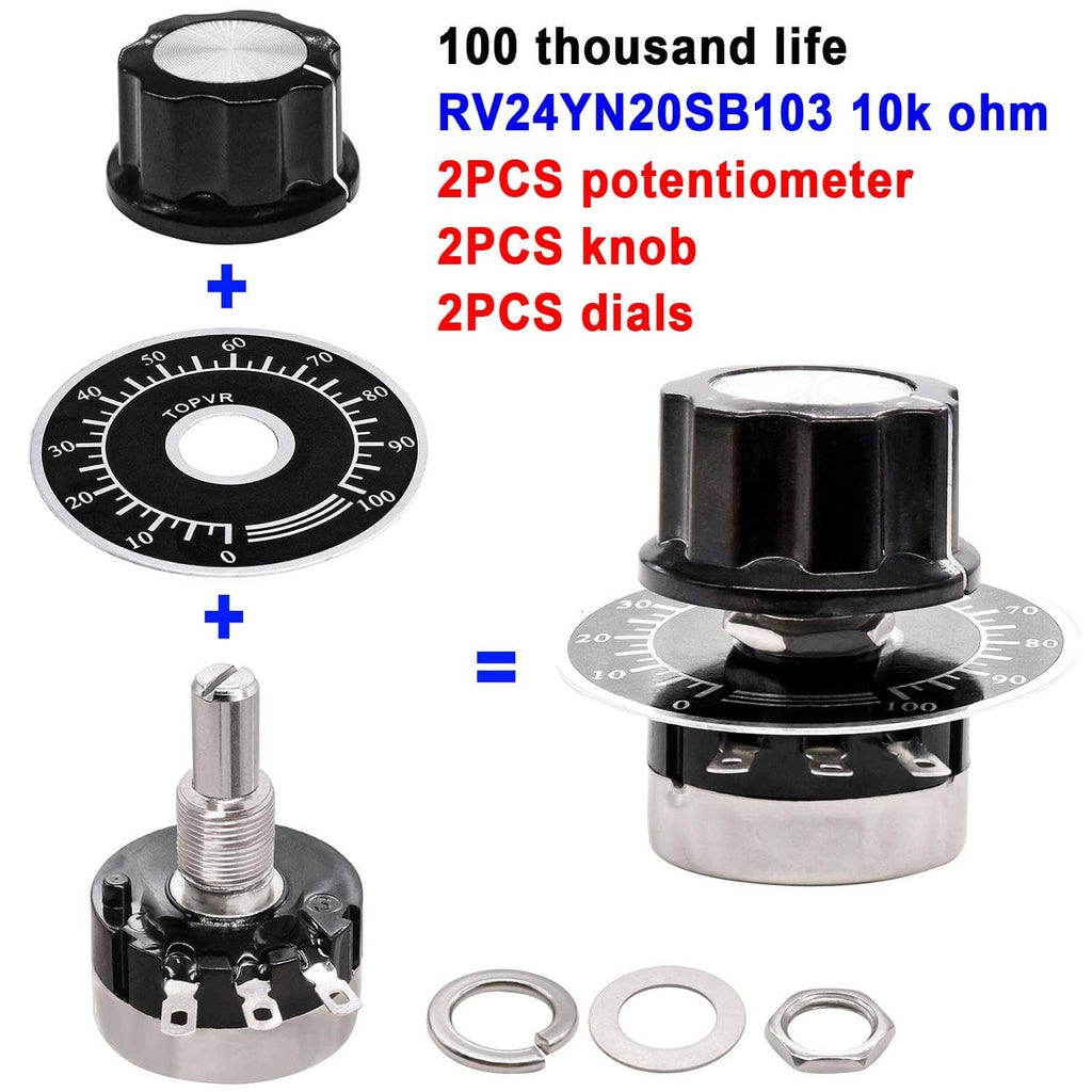 Set of rotary potentiometers with black knobs, metal bases, and adjustment dials