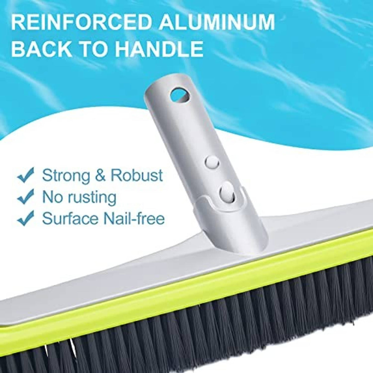 Reinforced pool brush head with gray aluminum backing and dense black nylon bristles