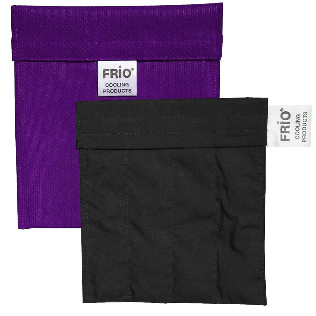 Purple cooling wallet with black cooling pouch, closed flap and FRIO label