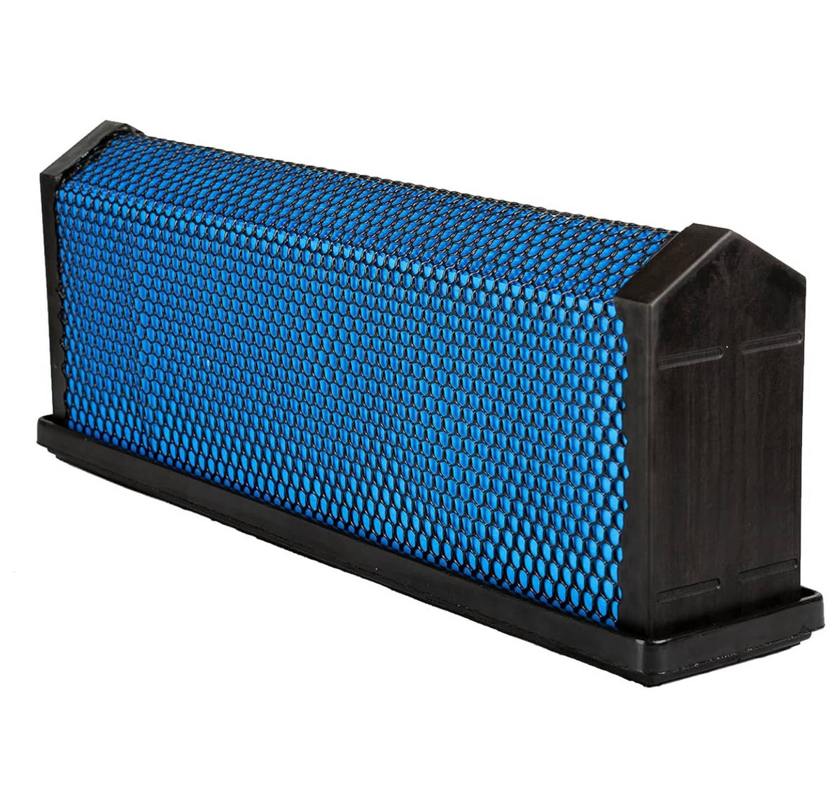 Rectangular engine air filter with blue mesh media and black plastic frame
