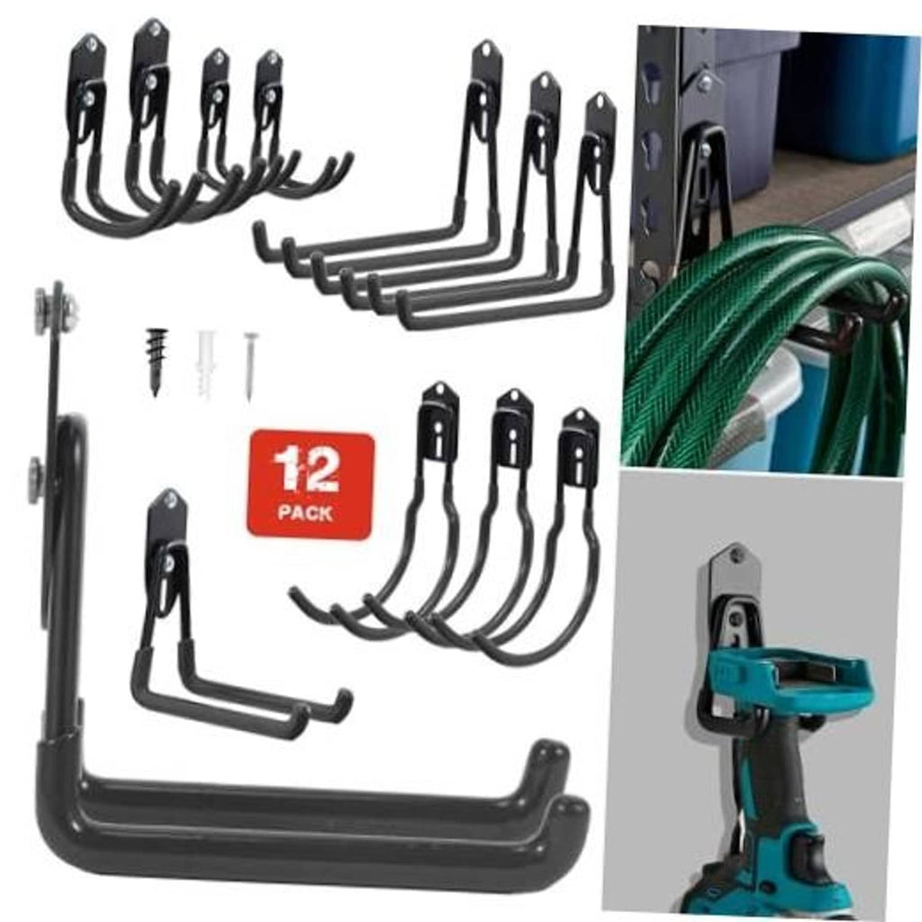Black adjustable shelving hooks kit with 12 U-shaped hooks and mounting hardware screws.