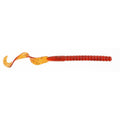 Soft plastic curly-tail fishing worm, orange-red body with speckled tail