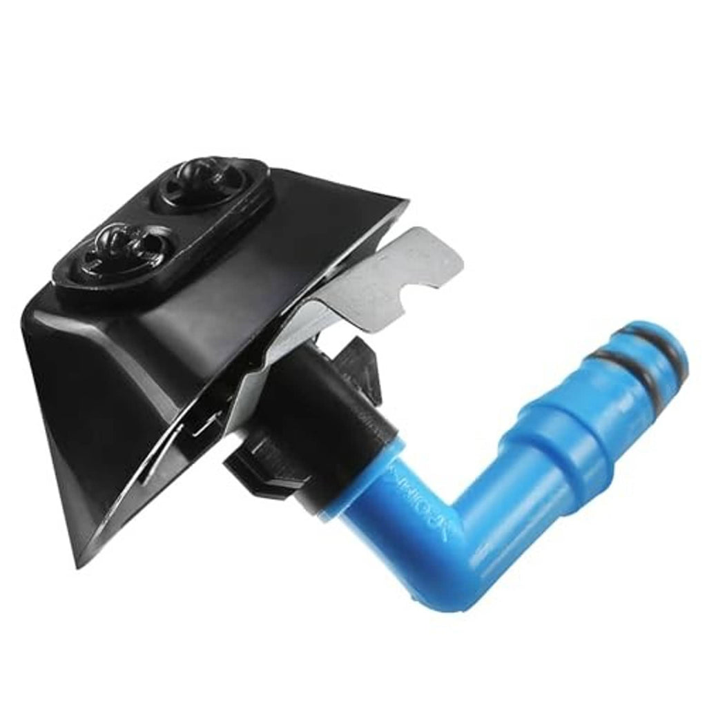 Black headlight washer nozzle jet with blue hose and gray mounting tab