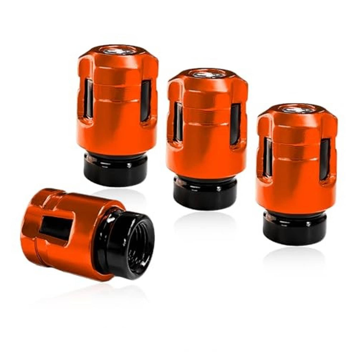 Four orange tire valve stem caps with black bases and textured side grips, set of 4