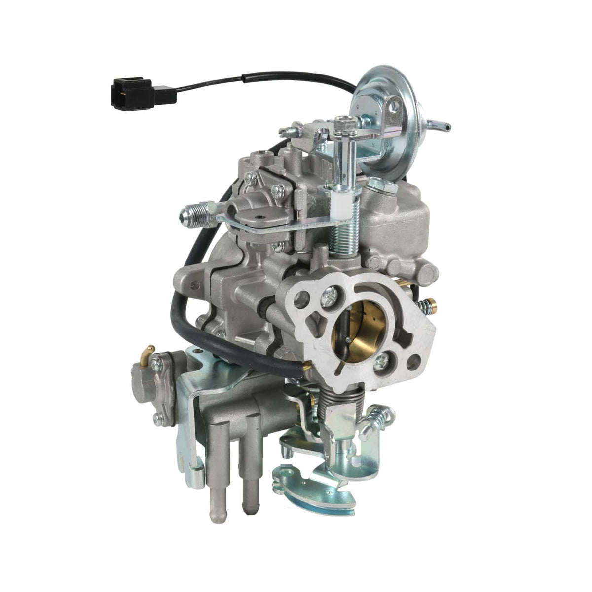 Carburetor flange assembly front view with round intake and electric wire harness