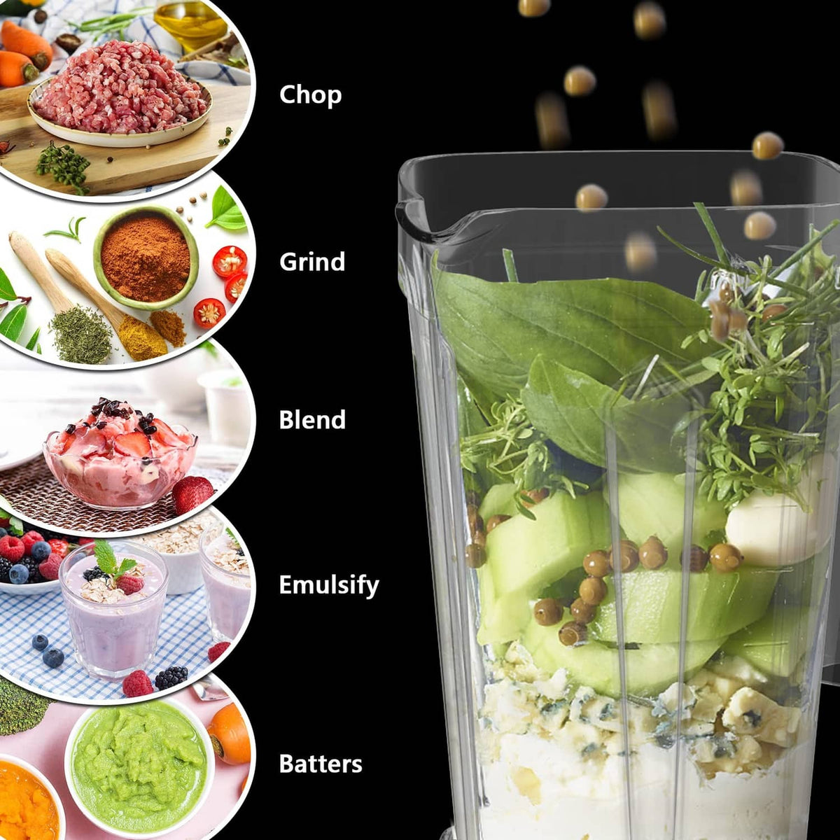 Blender jar filled with leafy greens and mixed ingredients ready to blend