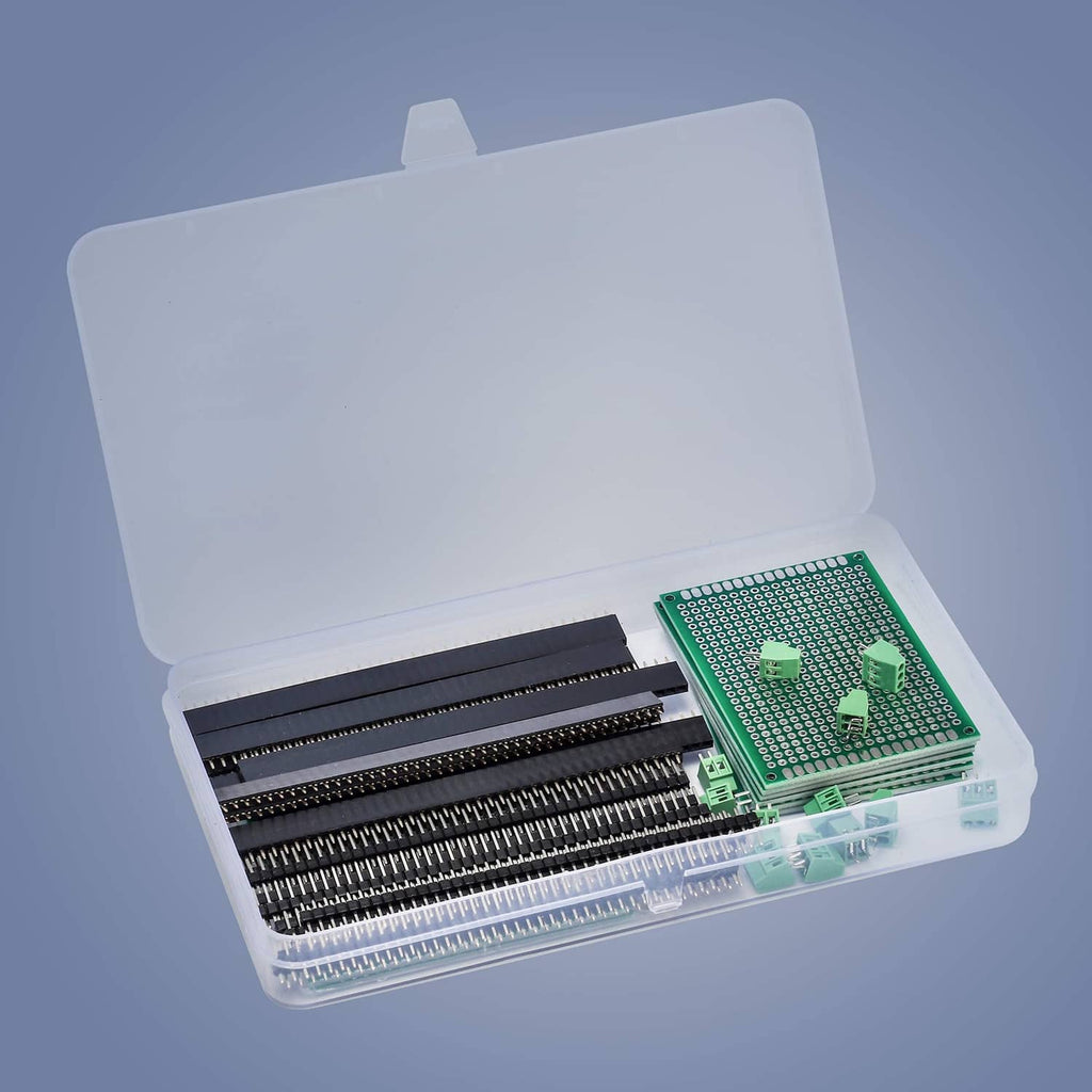 Double-sided PCB kit in clear storage case with green boards and pin strips