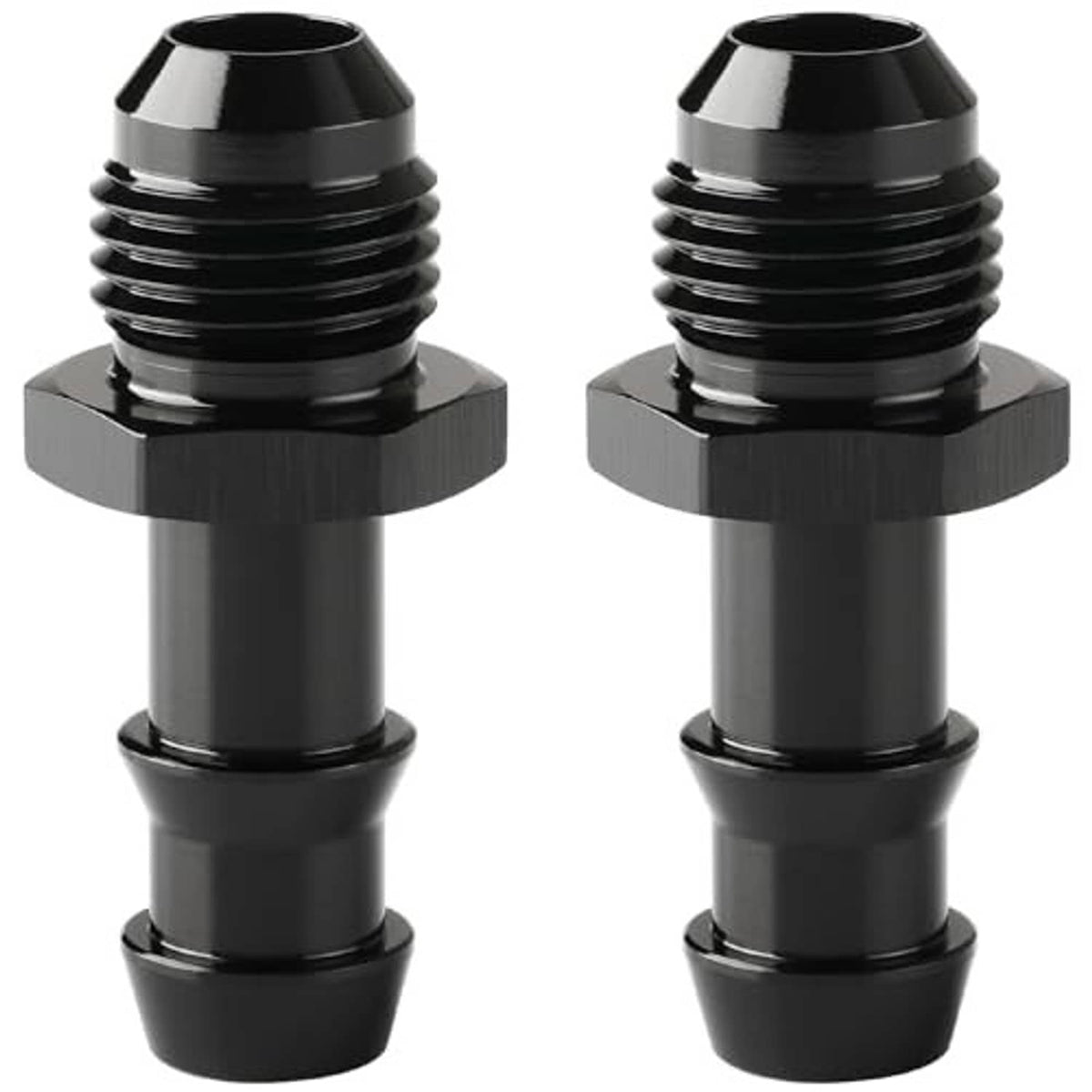 Black straight male fitting pair with flared 6AN threads and knurled hex base