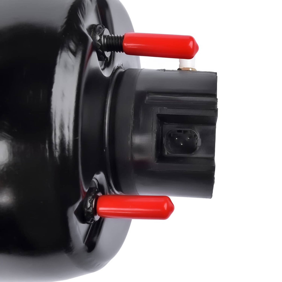 Close-up of strut connector block on black air spring top with red caps
