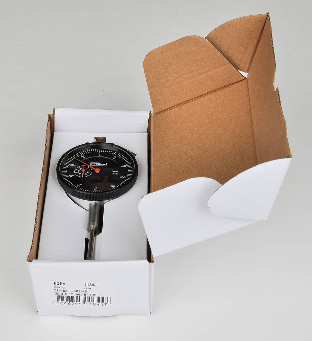 Dial indicator packed in an open box with cardboard inserts