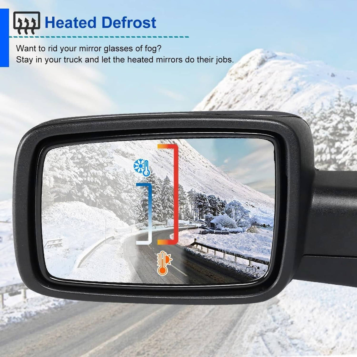 Black heated side mirror reflecting snowy road in winter driving conditions