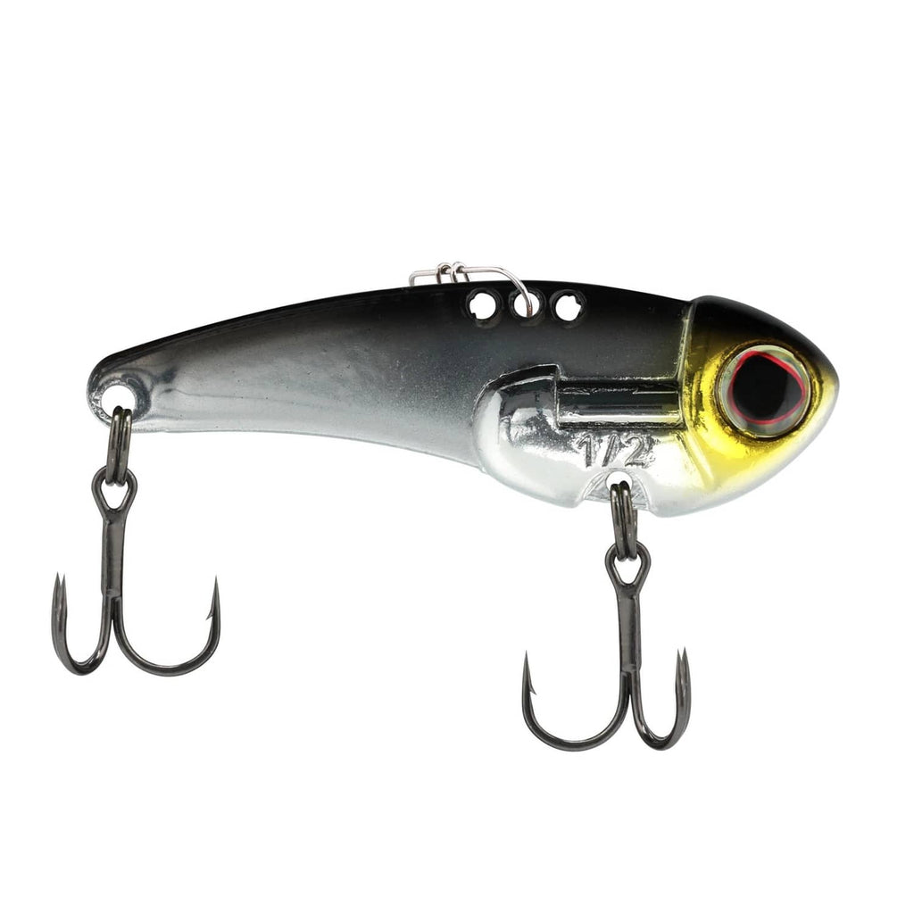 Fishing lure in black and silver with red-eyed head and two treble hooks