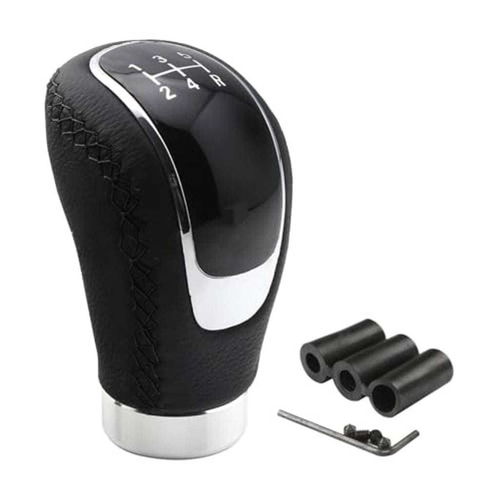 Black leather weighted gear shift knob with 5-speed shift pattern and silver base, plus tools