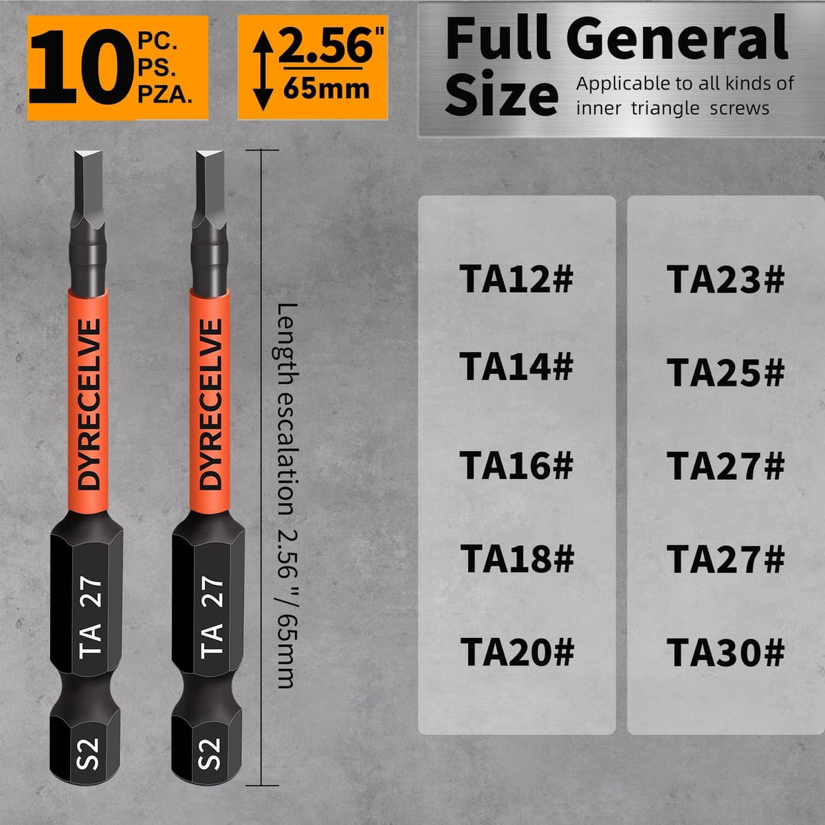 Two triangle bits labeled TA 27 on black shafts with orange bands, plus size chart
