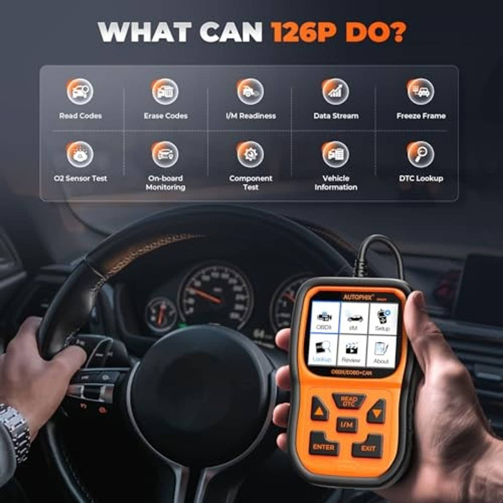 Orange OBD2 scanner in hand near dashboard gauges, LCD menu visible