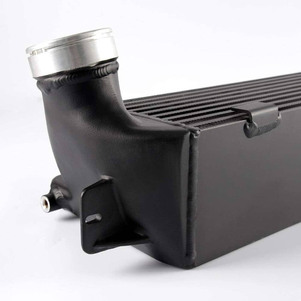 Black intercooler end tank with silver hose coupling and mounting bracket