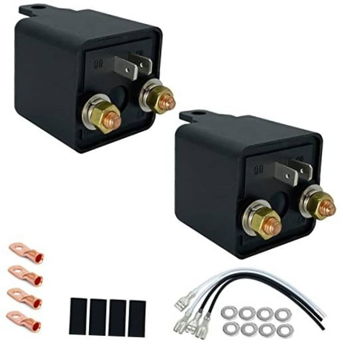 Black 4-pin relay with two copper screw terminals and top mounting tab