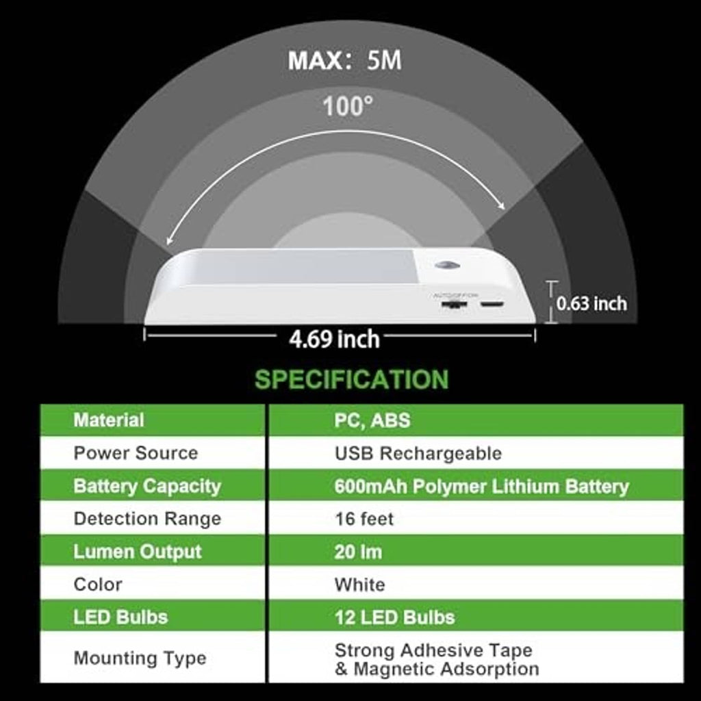 White LED light bar with motion sensor; size and detection range shown in diagram.
