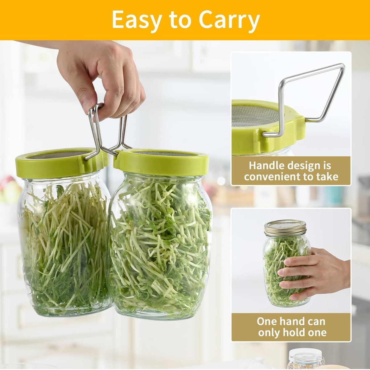 Green sprouter kit stands with U-handle for lifting and inverting wide-mouth jars