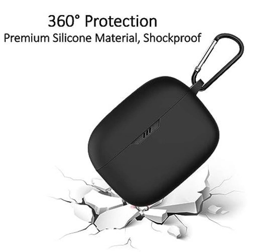 Black silicone earbud case with carabiner clip shown with shock impact cracks