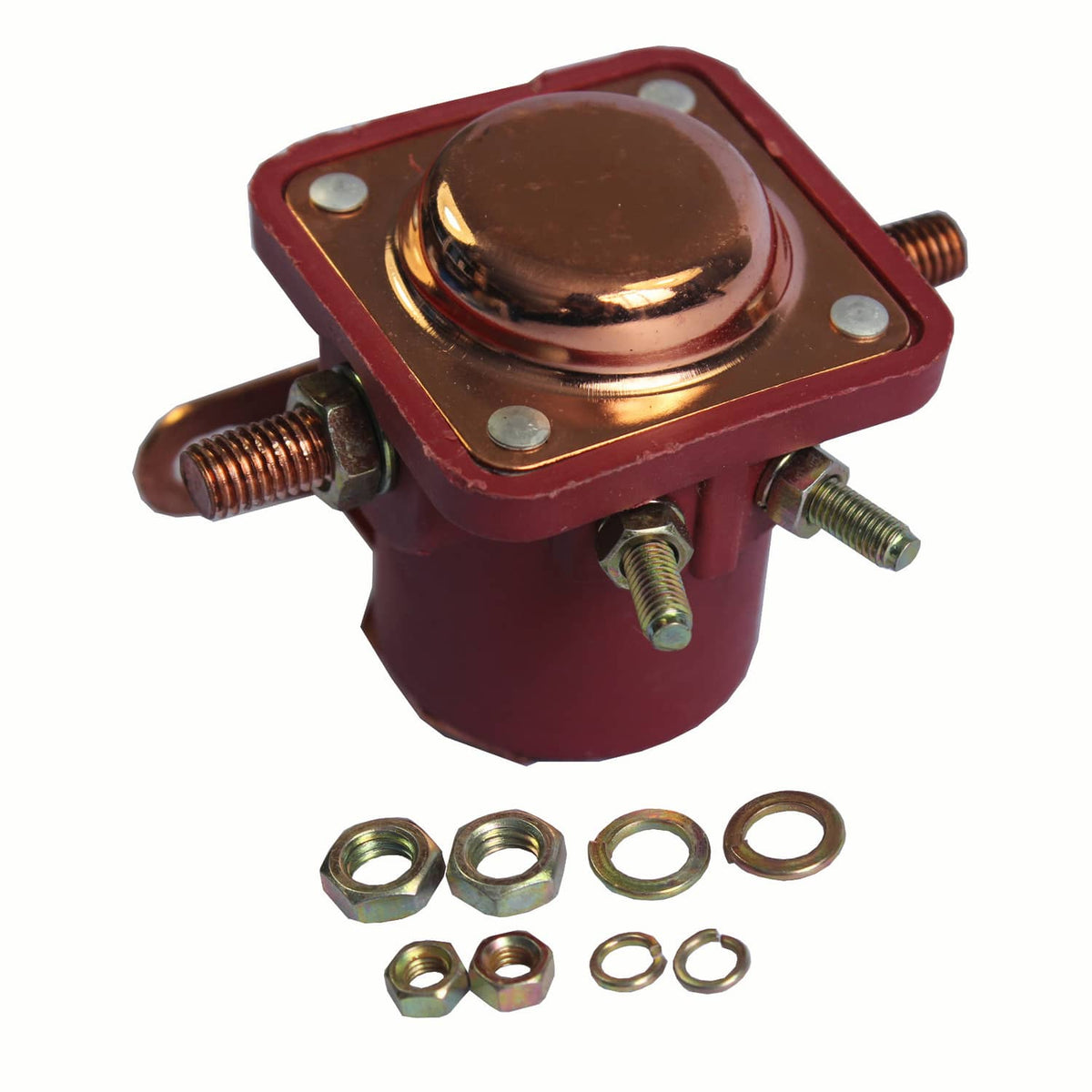 Red 12V solenoid relay with side studs and included hex nuts