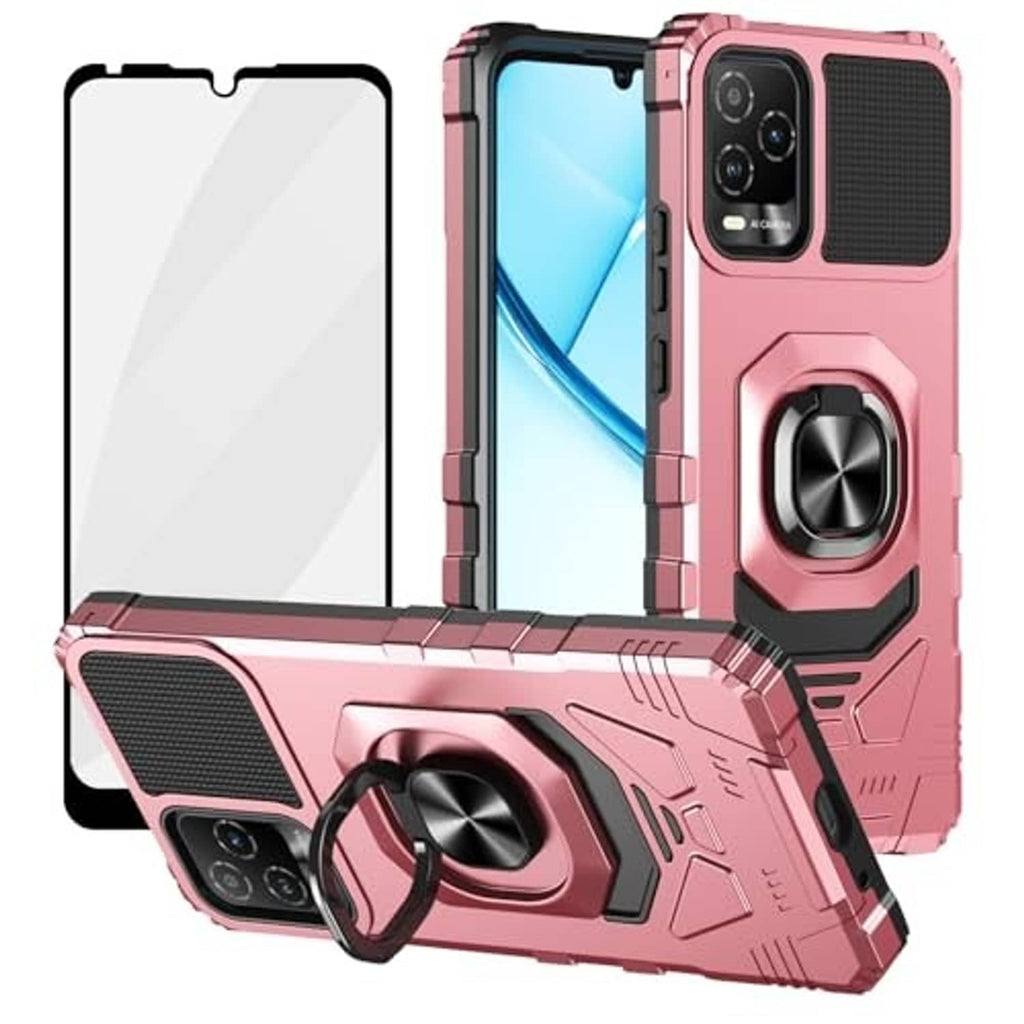 Rose gold rugged phone case with ring kickstand and textured grip speaker-style panel