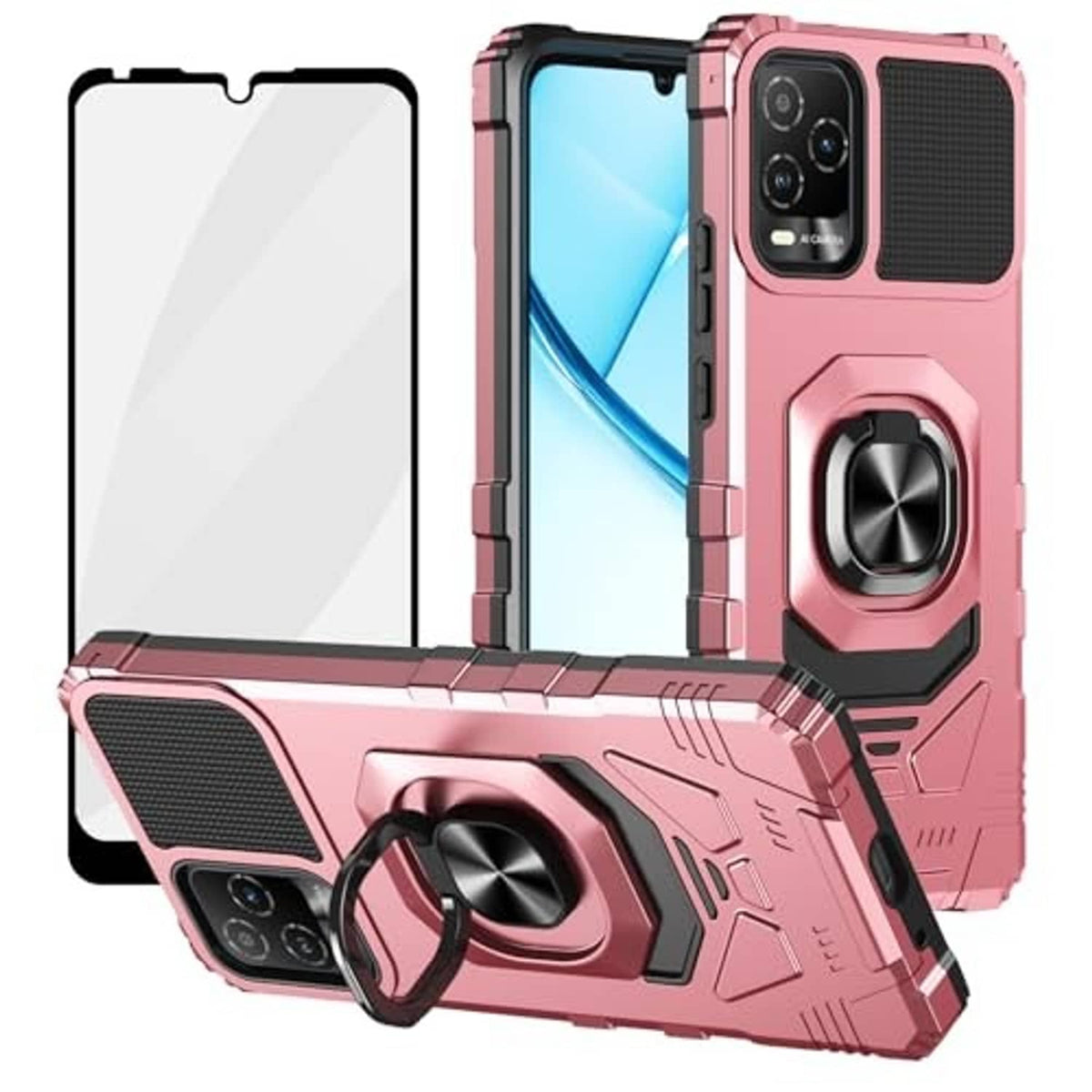 Rose gold rugged phone case with ring kickstand and textured grip speaker-style panel