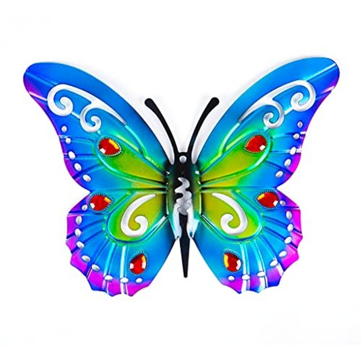 Large metal butterfly yard decor in blue, green, purple, and red with curled details
