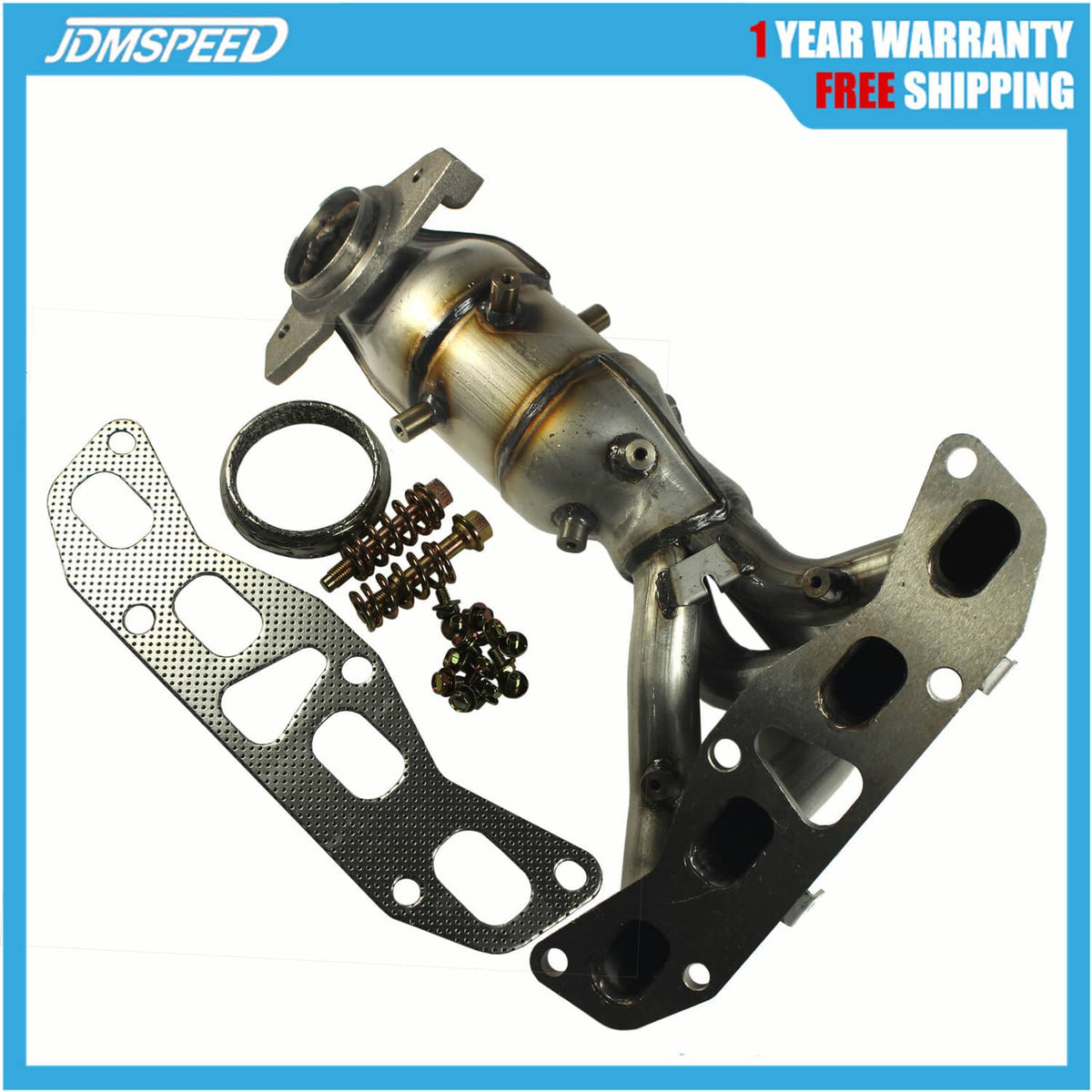 Exhaust manifold with catalytic converter, gasket and mounting hardware kit, metallic finish