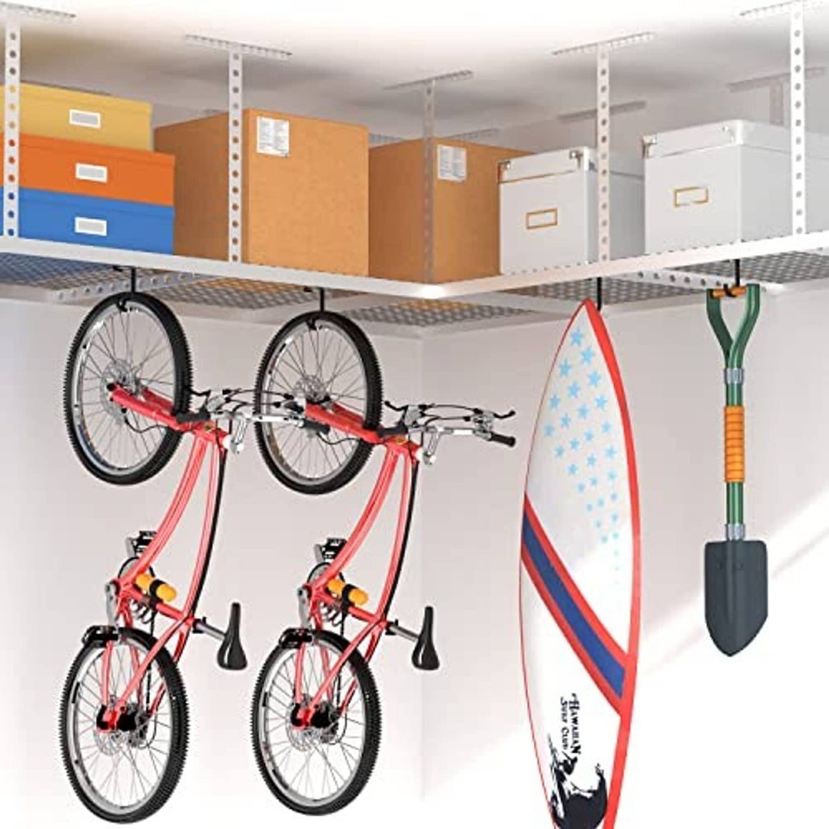 Black ceiling bike hooks holding multiple bicycles overhead